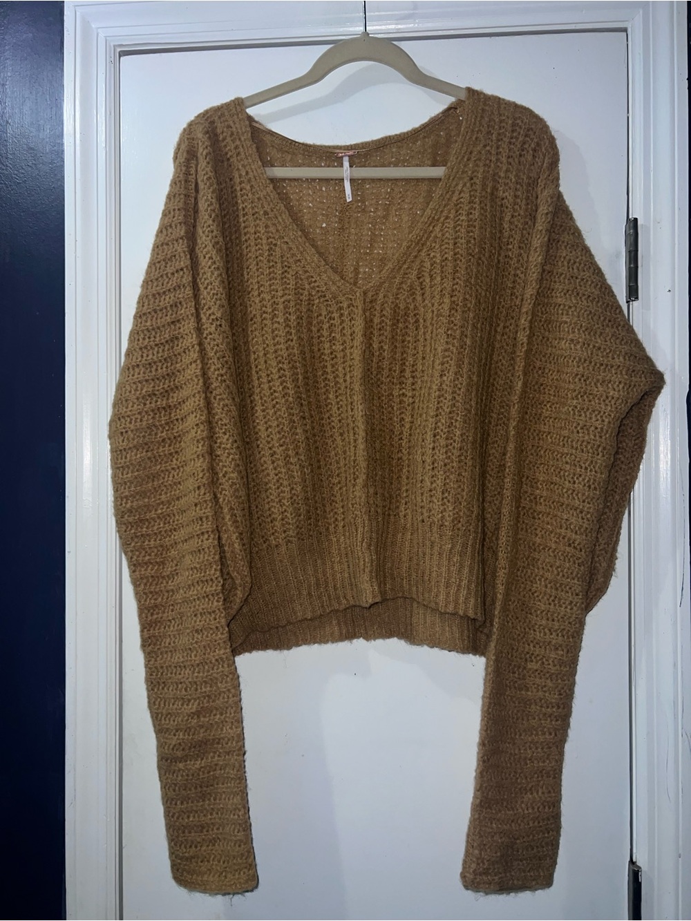 Free People Chunky V-Neck Sweater in Camel Brown